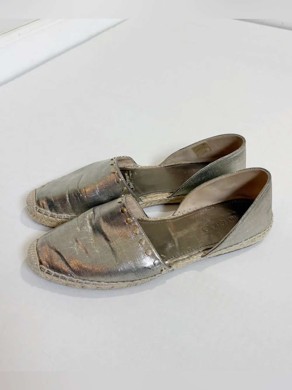 Jimmy Choo Dreya Gold Metallic Lame Espadrille Flats Size 39.5 US 9.5 Studded